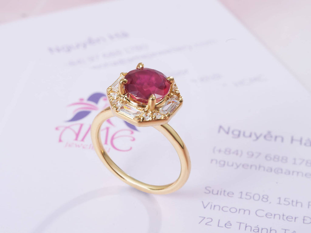 Nhẫn nữ Vàng Đá quý thiên nhiên Mozambique Ruby Octagon Halo Ring in 14K Yellow Gold by AME Jewellery