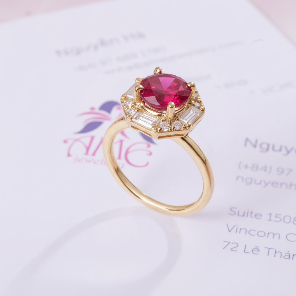 Nhẫn nữ Vàng Đá quý tự nhiên Mozambique Ruby Octagon Halo Ring in 14K Yellow Gold by AME Jewellery
