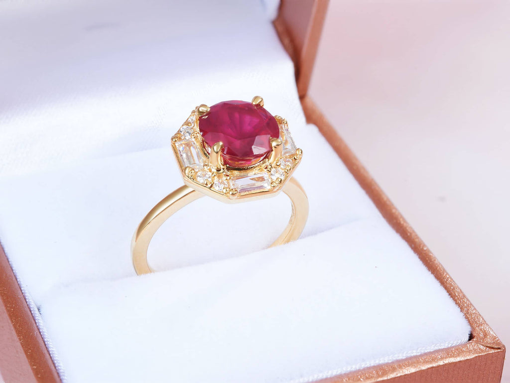 Nhẫn nữ Vàng Đá quý thiên nhiên Mozambique Ruby Octagon Halo Ring in 14K Yellow Gold by AME Jewellery