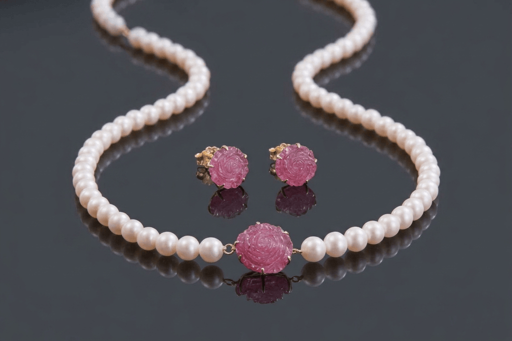White Freshwater Cultured Pearl Strand Necklace and Ruby clasp in 14K Yellow Gold - AME Jewellery