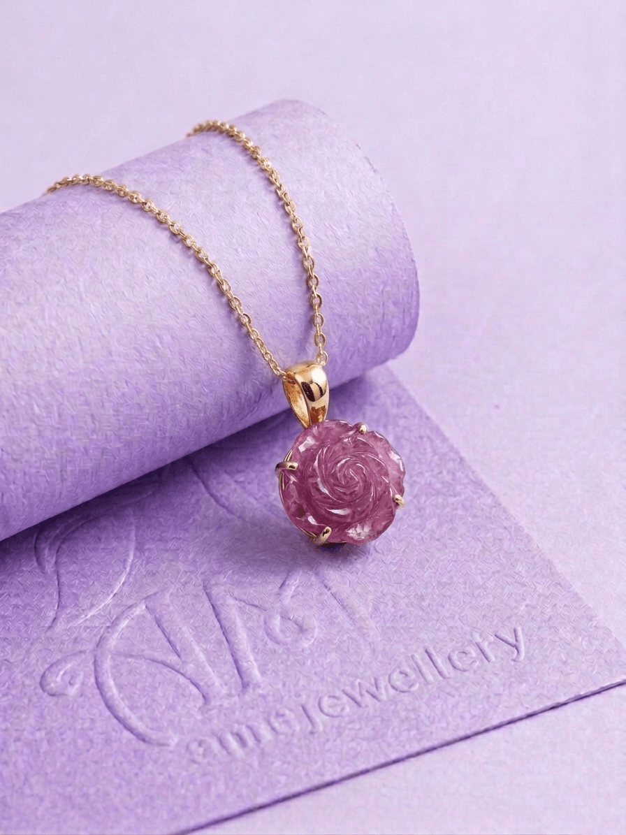 Natural Ruby Carved Rose Flower Pendant Necklace 14K Yellow Gold by AME Jewellery