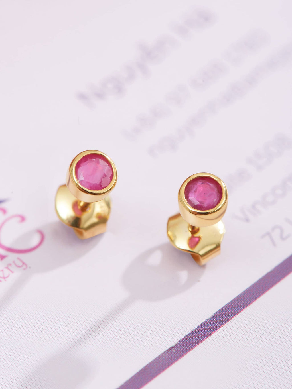 Bông tai Vàng Đá quý thiên nhiên Natural Ruby Bezel Earrings in 14K Yellow Gold by AME Jewellery