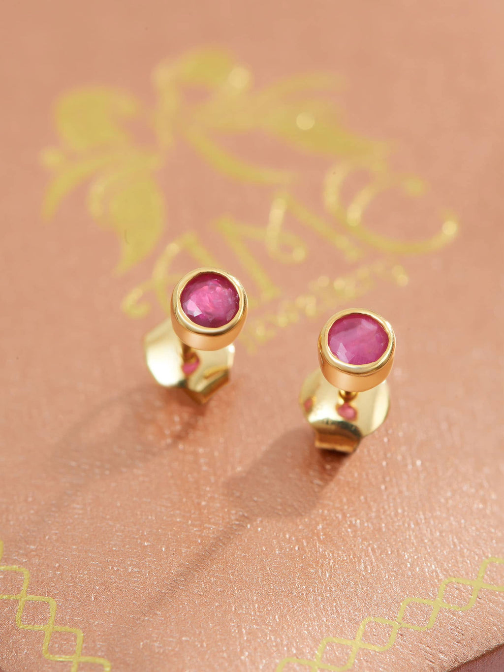 Bông tai Vàng Đá quý thiên nhiên Natural Ruby Bezel Earrings in 14K Yellow Gold by AME Jewellery