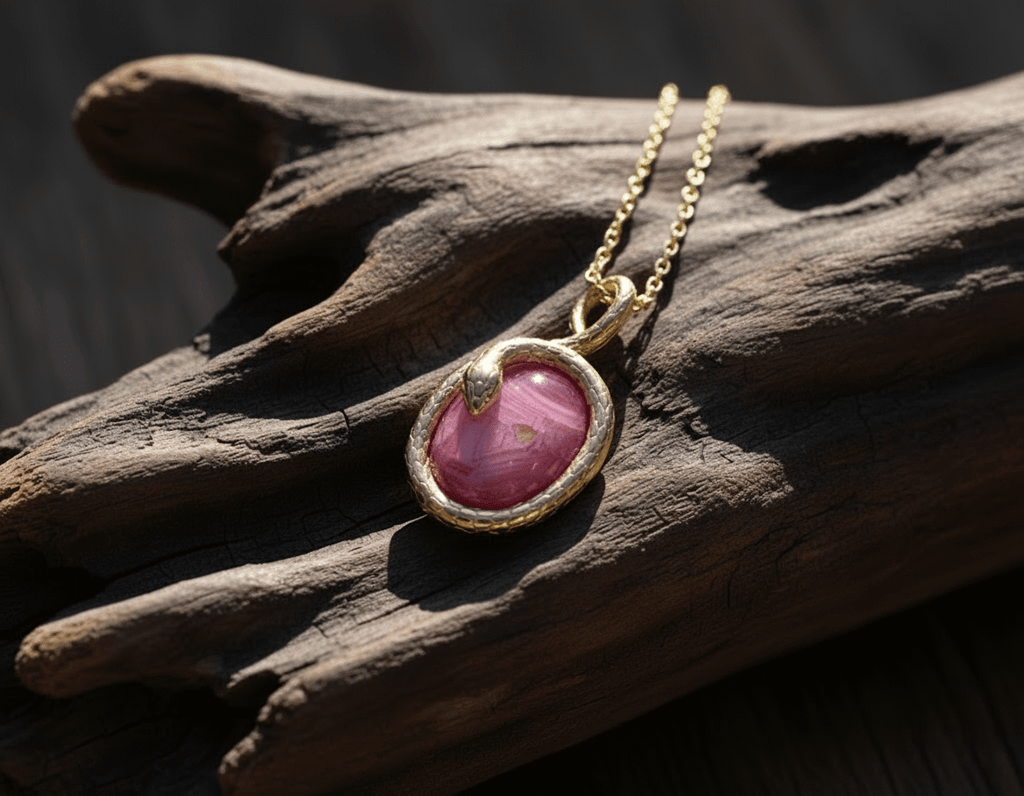 Mặt dây chuyền Rắn Vàng Đá quý tự nhiên Star Ruby Snake Pendant in 14K Yellow Gold by AME Jewellery