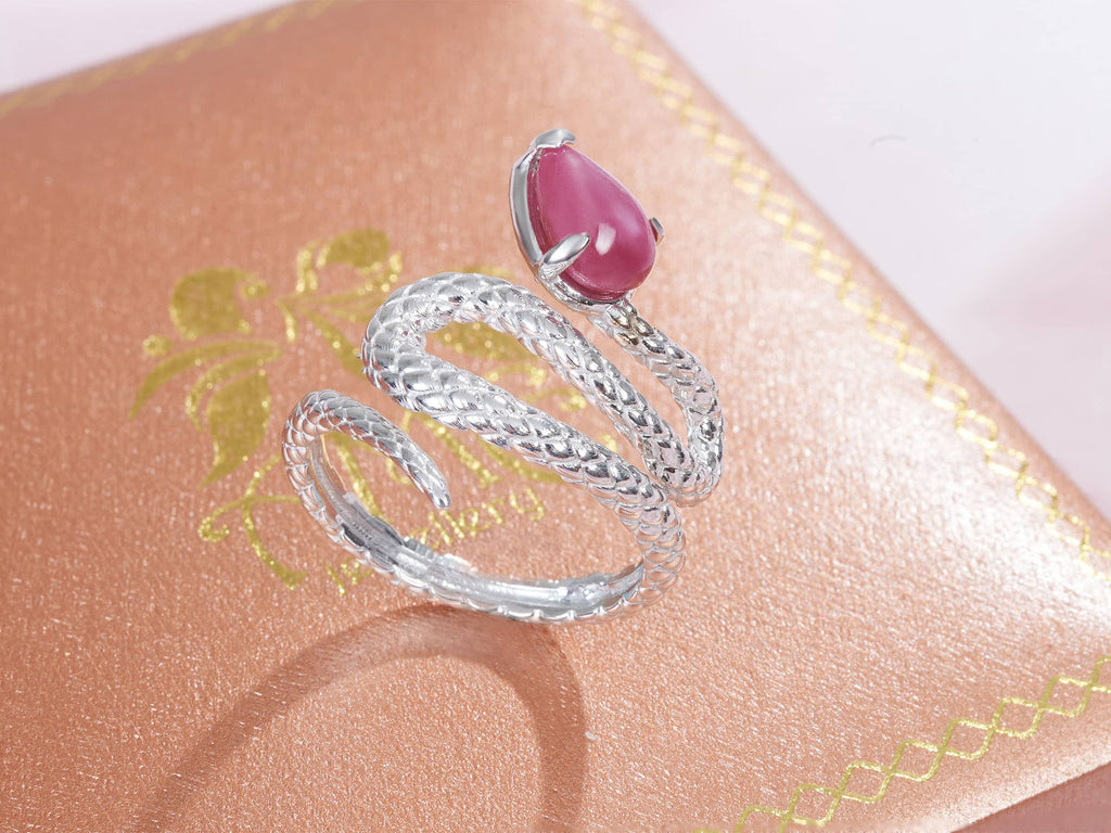 Nhẫn Rắn Nữ Vàng trắng Đá quý tự nhiên Pear Cabochon Star Ruby Snake Ring in 14K White Gold | AME Jewellery