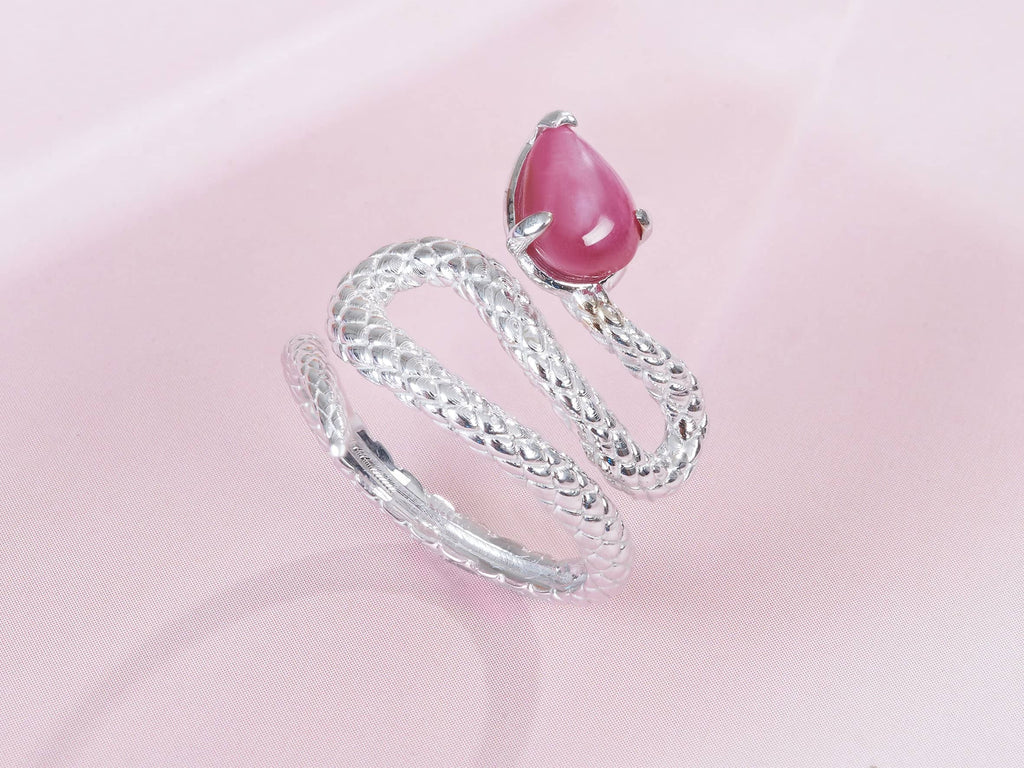 Nhẫn Rắn Nữ Vàng trắng Đá quý tự nhiên Pear Cabochon Star Ruby Snake Ring in 14K White Gold | AME Jewellery