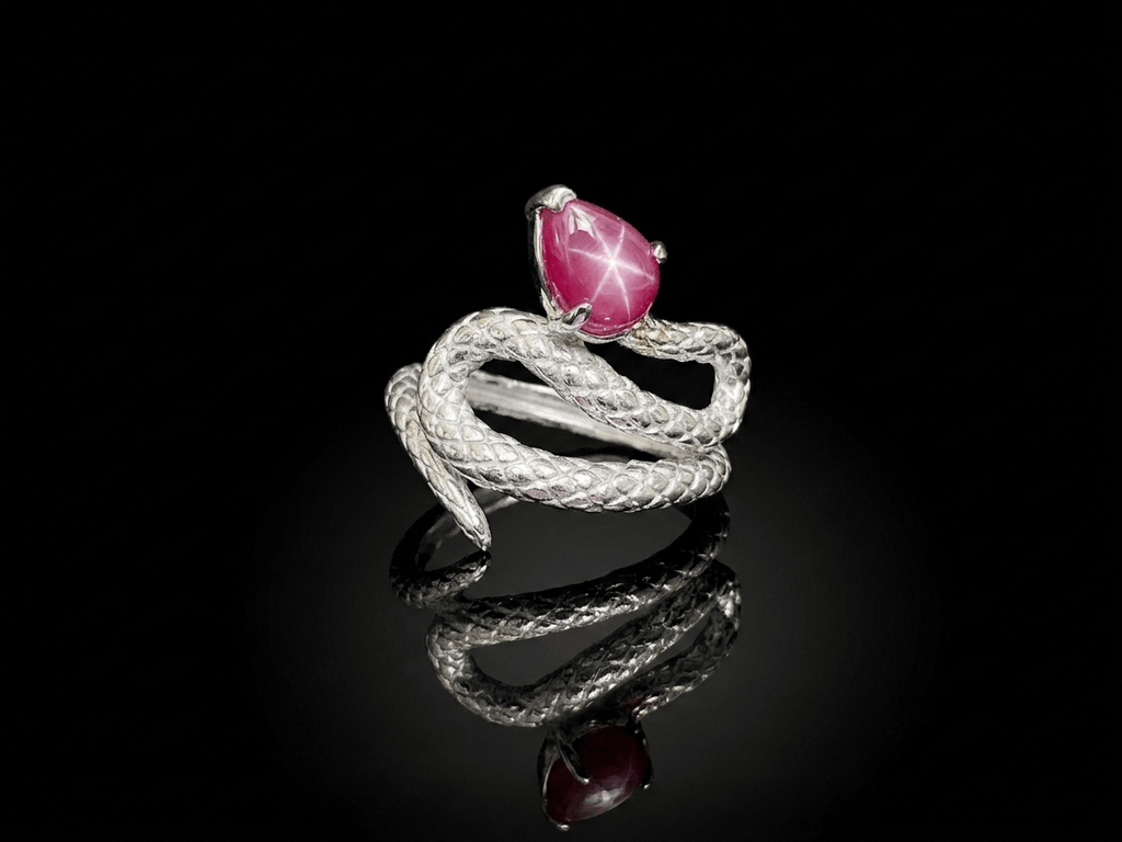 Natural Star Ruby Snake Ring in 14K White Gold - AME Jewellery
