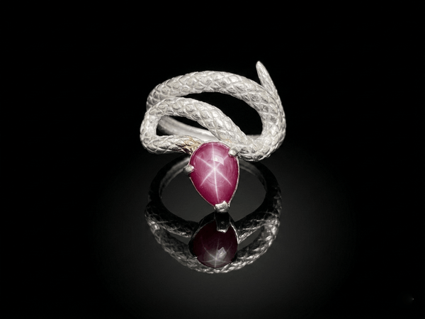 Le Motif du Serpent: The Star Ruby Snake Ring in 14K White Gold by AME Jewellery