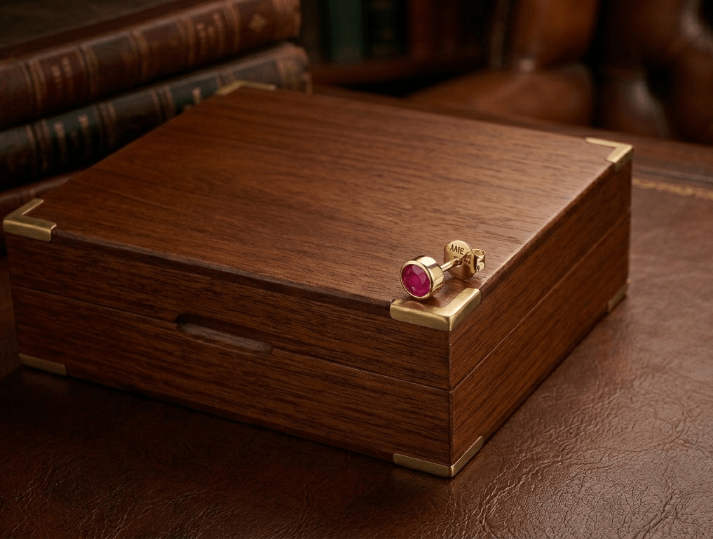 Natural Ruby Bezel Men's Earring in 14K Yellow Gold - AME Jewellery