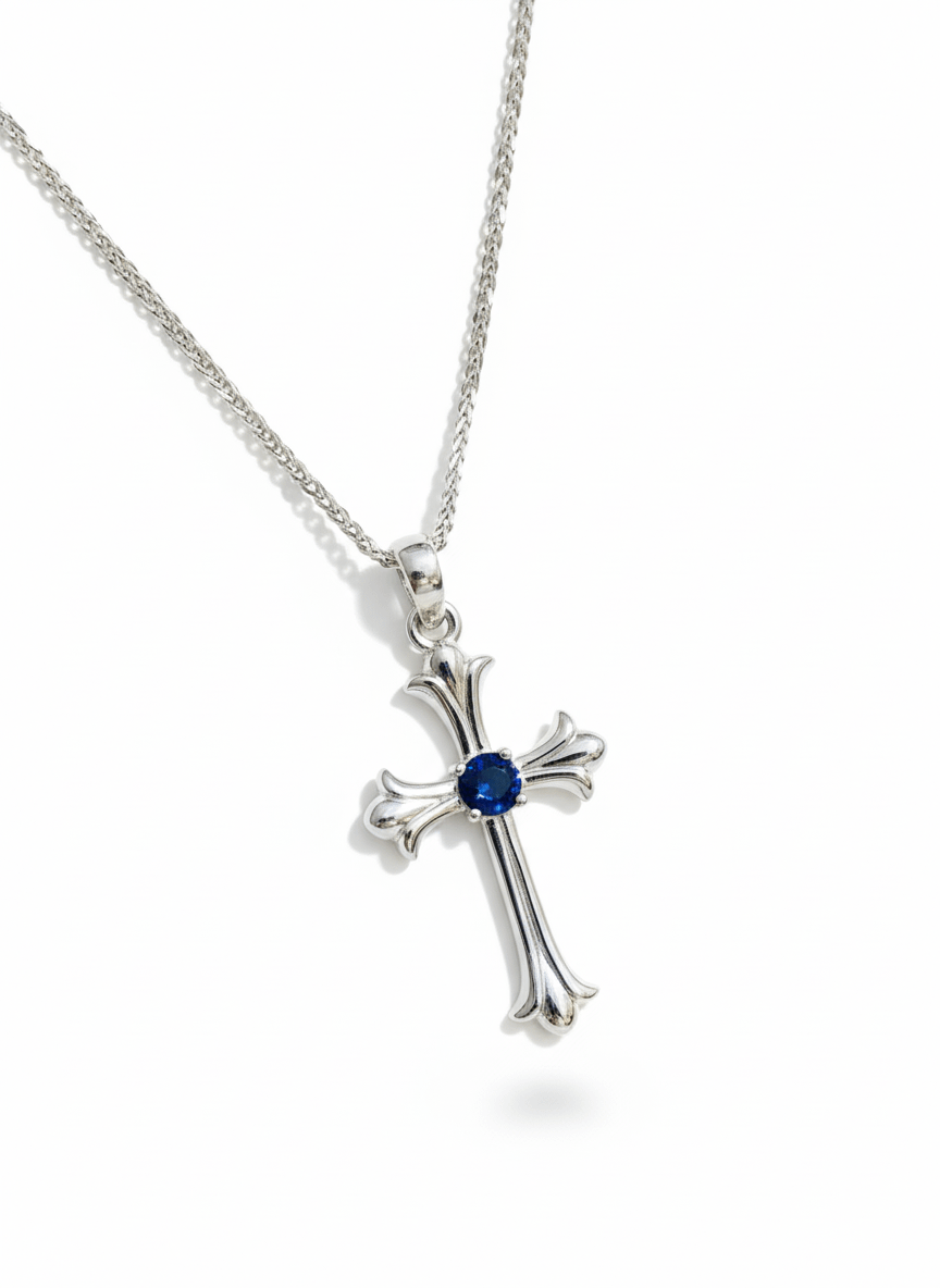 Mặt dây chuyền Thánh Giá Vàng trắng Đá quý tự nhiên Sapphire Gothic Cross Pendant 14K White Gold by AME Jewellery