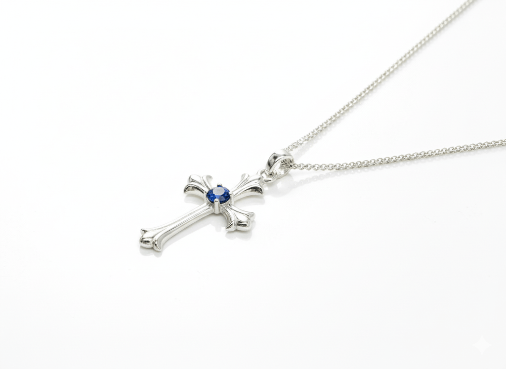 Mặt dây chuyền Thánh Giá Vàng trắng Đá quý tự nhiên Sapphire Gothic Cross Pendant 14K White Gold by AME Jewellery