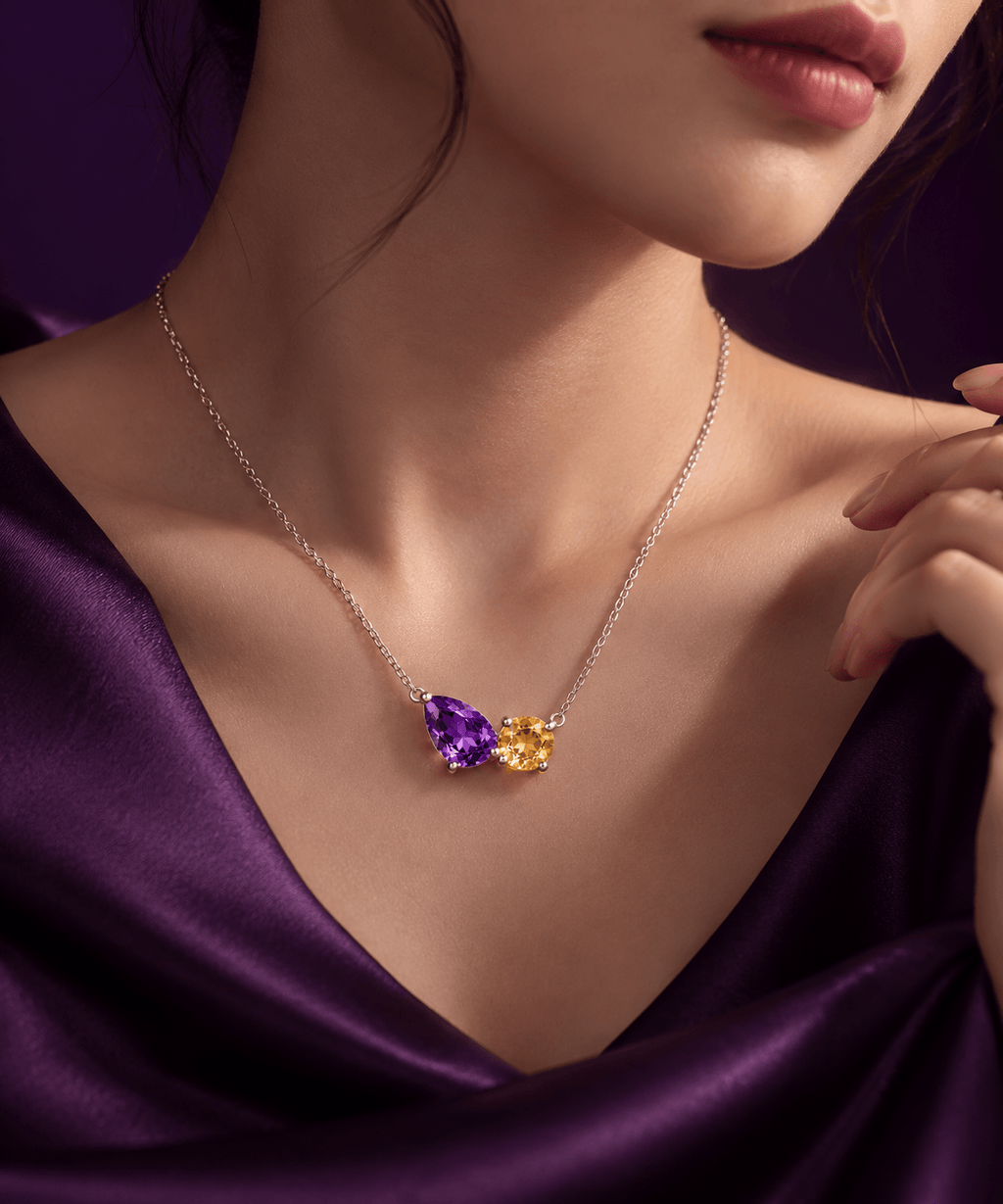 Sterling Silver Necklace with natural Pear-cut Amethyst & Citrine - AME Jewellery
