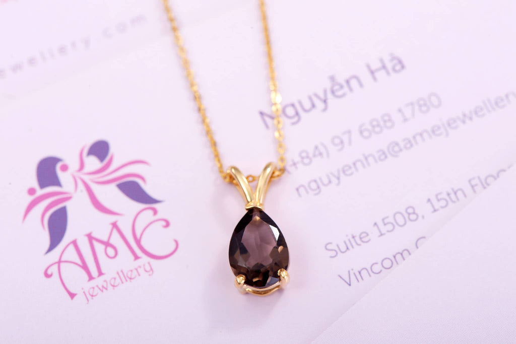 Mặt dây Vàng 14K Đá quý tự nhiên Pear Smoky Quartz Pendant Necklace in 14K Yellow Gold by AME Jewellery