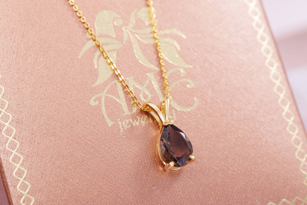 Mặt dây Vàng 14K Đá quý tự nhiên Pear Smoky Quartz Pendant Necklace in 14K Yellow Gold by AME Jewellery