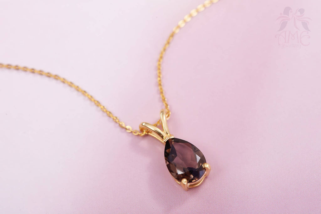 Mặt dây Vàng 14K Đá quý tự nhiên Pear Smoky Quartz Pendant Necklace in 14K Yellow Gold by AME Jewellery