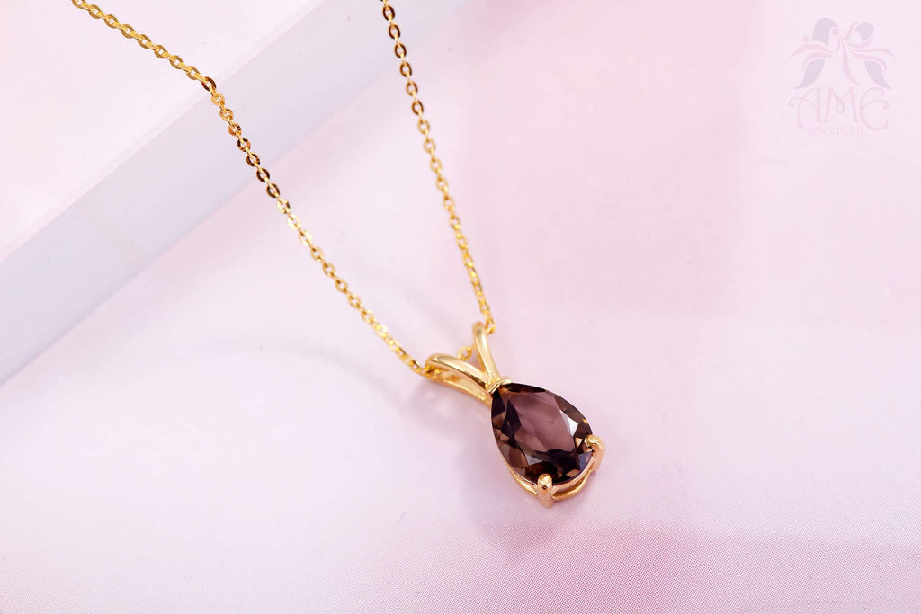 Mặt dây Vàng 14K Đá quý tự nhiên Pear Smoky Quartz Pendant Necklace in 14K Yellow Gold by AME Jewellery