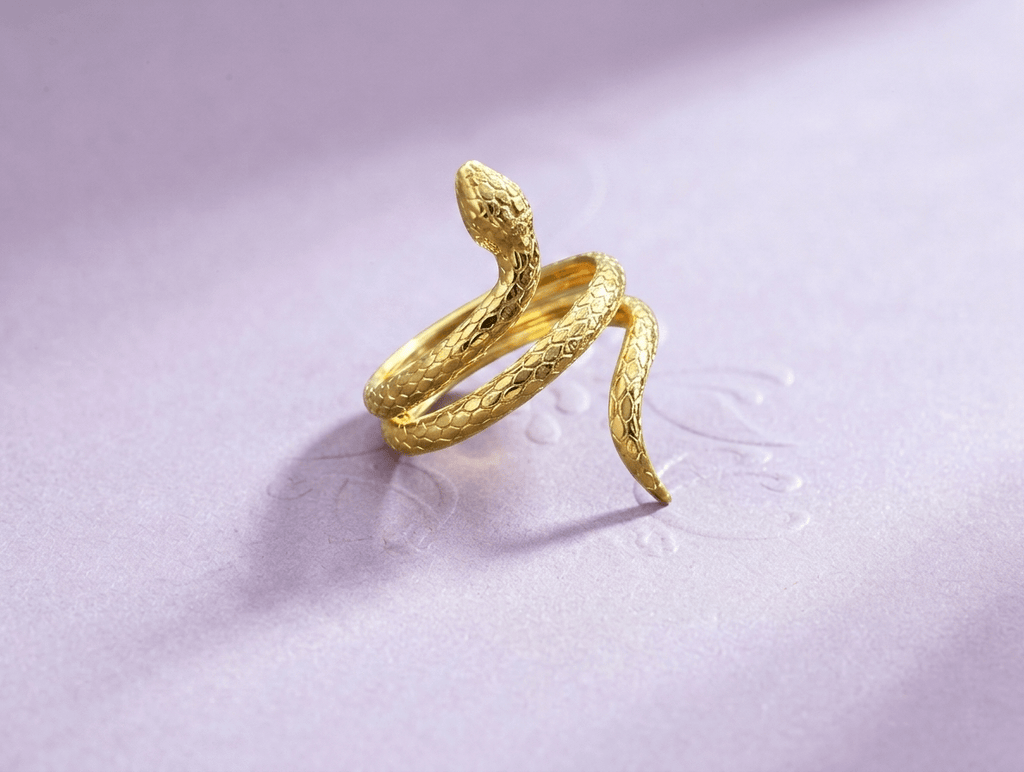 14K Yellow Gold Snake Ring featuring a gracefully coiled snake design that wraps around the finger, crafted by AME Jewellery.