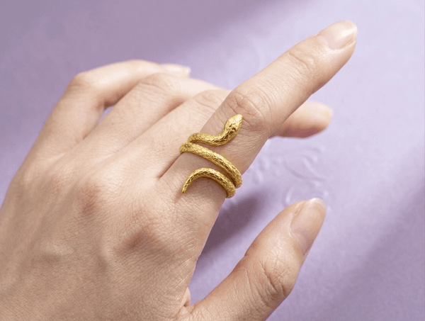 14K Yellow Gold Snake Ring featuring a gracefully coiled snake design that wraps around the finger, crafted by AME Jewellery.