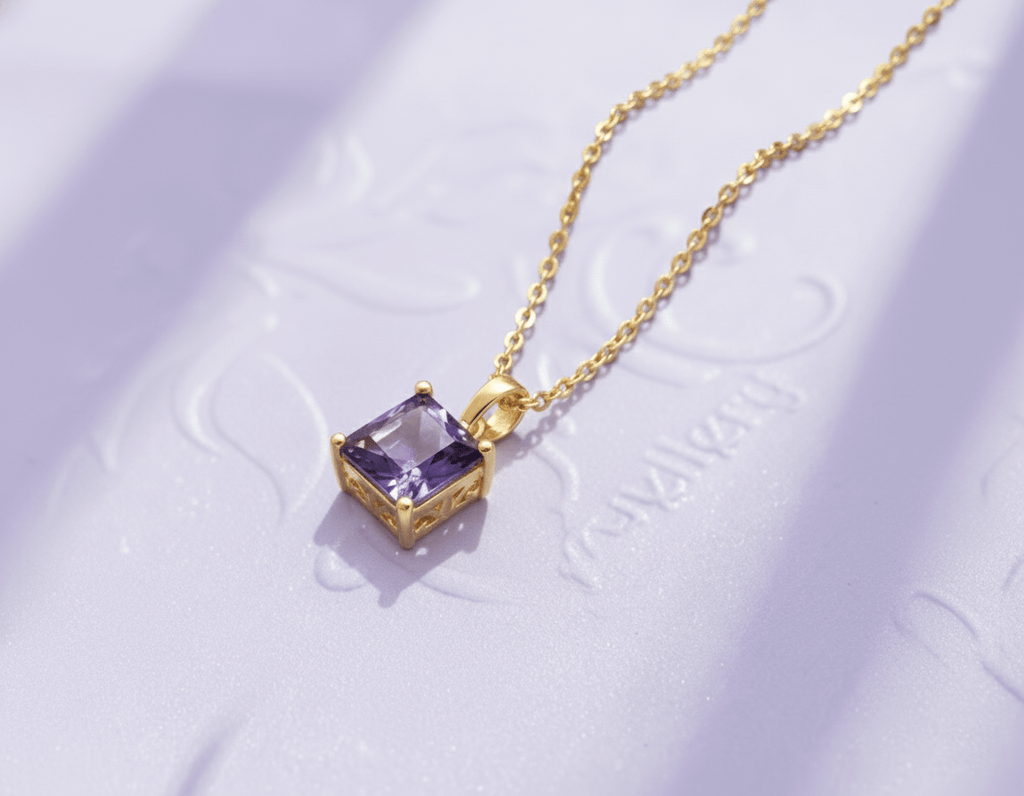 Mặt dây chuyền vàng Đá quý tự nhiên Natural Square-Cut Amethyst Classic Pendant Necklace by AME Jewellery