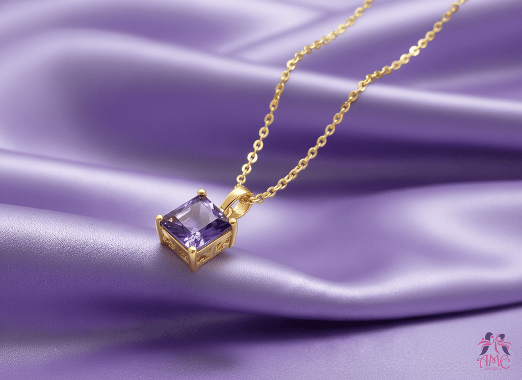 Mặt dây chuyền vàng Đá quý tự nhiên Natural Square-Cut Amethyst Classic Pendant Necklace by AME Jewellery