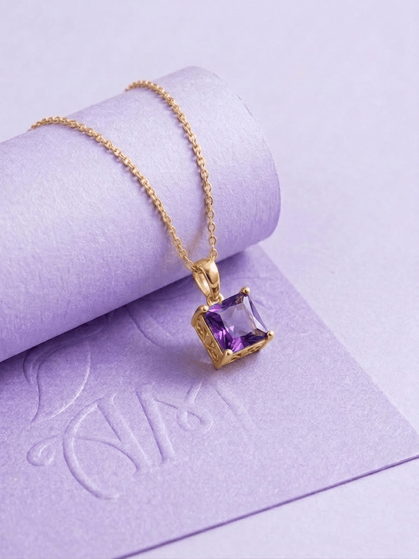 Natural Square-cut Amethyst Pendant in 14K Yellow Gold - AME Jewellery 