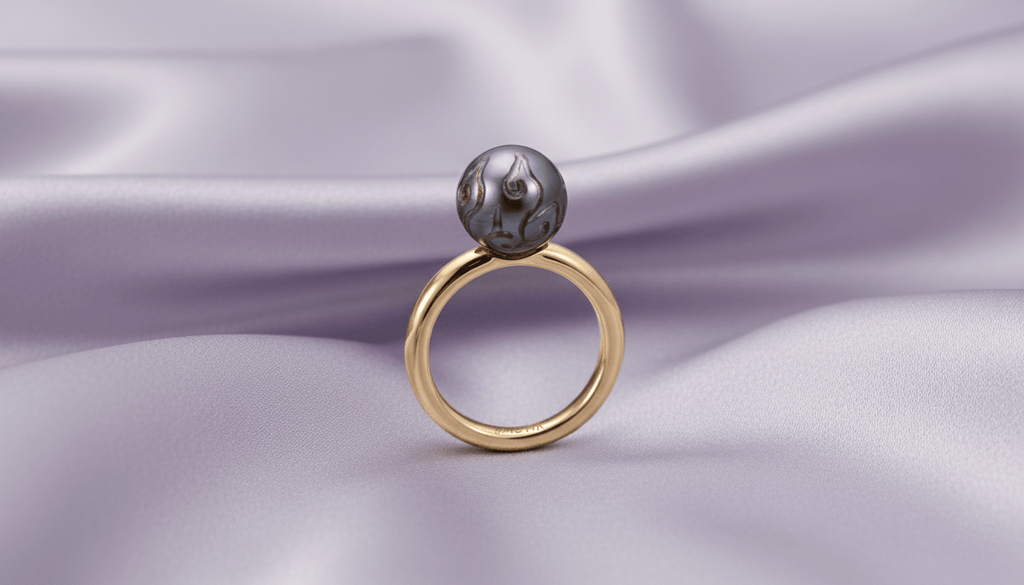 Nhẫn nữ Vàng Ngọc trai Biển Tahiti chạm khắc Hand-carved Tahitian Pearl Classic Ring in 14K Yellow Gold by AME Jewellery