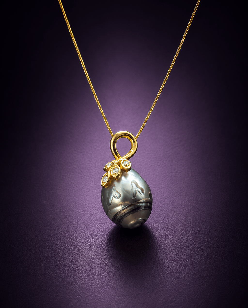 Hand-carved Tahitian Pearl Leaf Pendant in 14K Yellow Gold - AME Jewellery