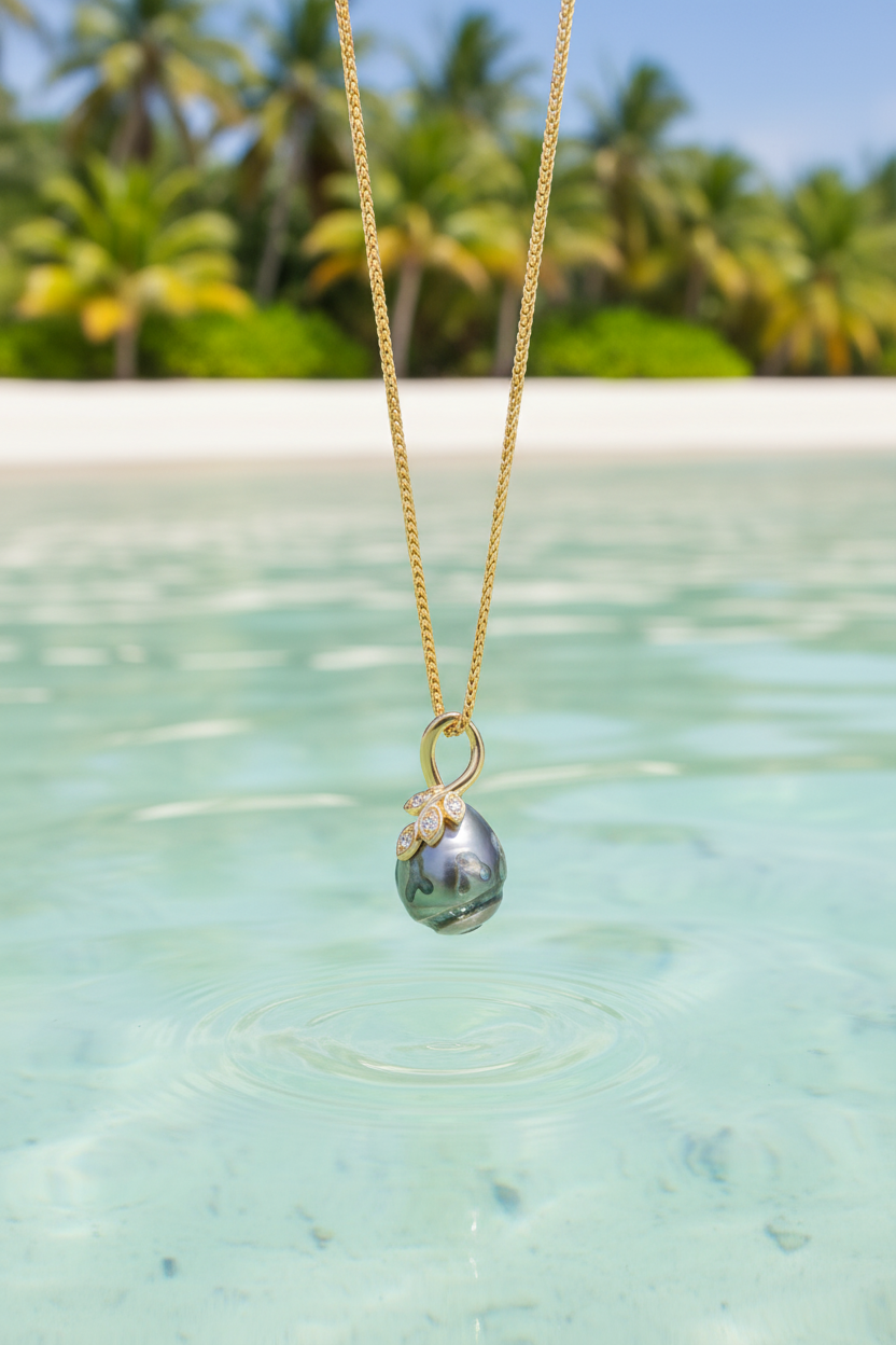 Mặt dây chuyền Vàng Ngọc trai Biển Tahiti chạm khắc Carved Tahitian Cultured Pearl Leaf Pendantin 14K Yellow Gold by AME Jewellery