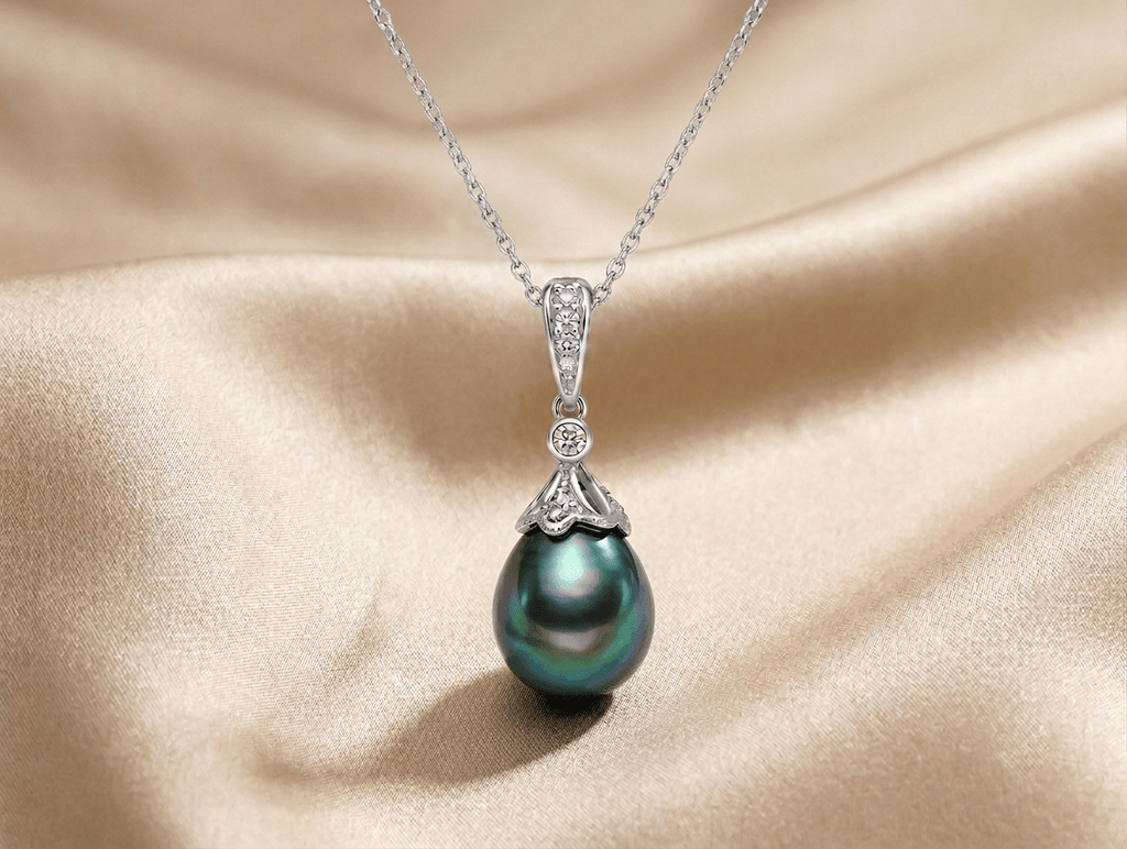 Green Teardrop Freshwater Pearl Pendant in Sterling Silver - AME Jewellery