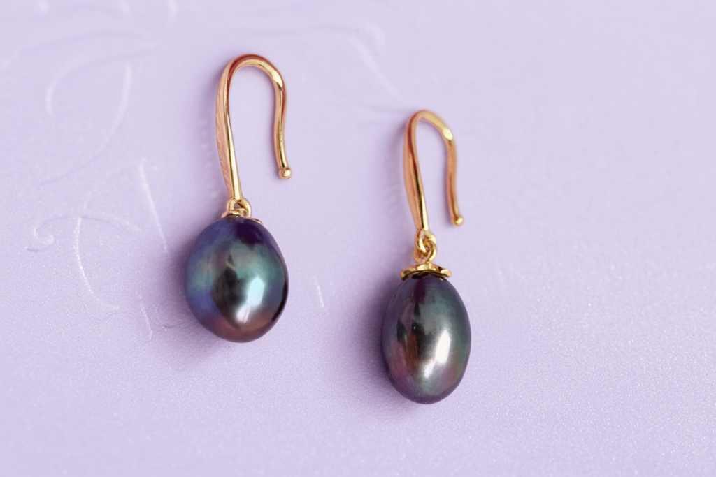 Bông tai Vàng Ngọc trai Teardrop Peacock Freshwater Pearl Hook Gold Earrings by AME Jewellery