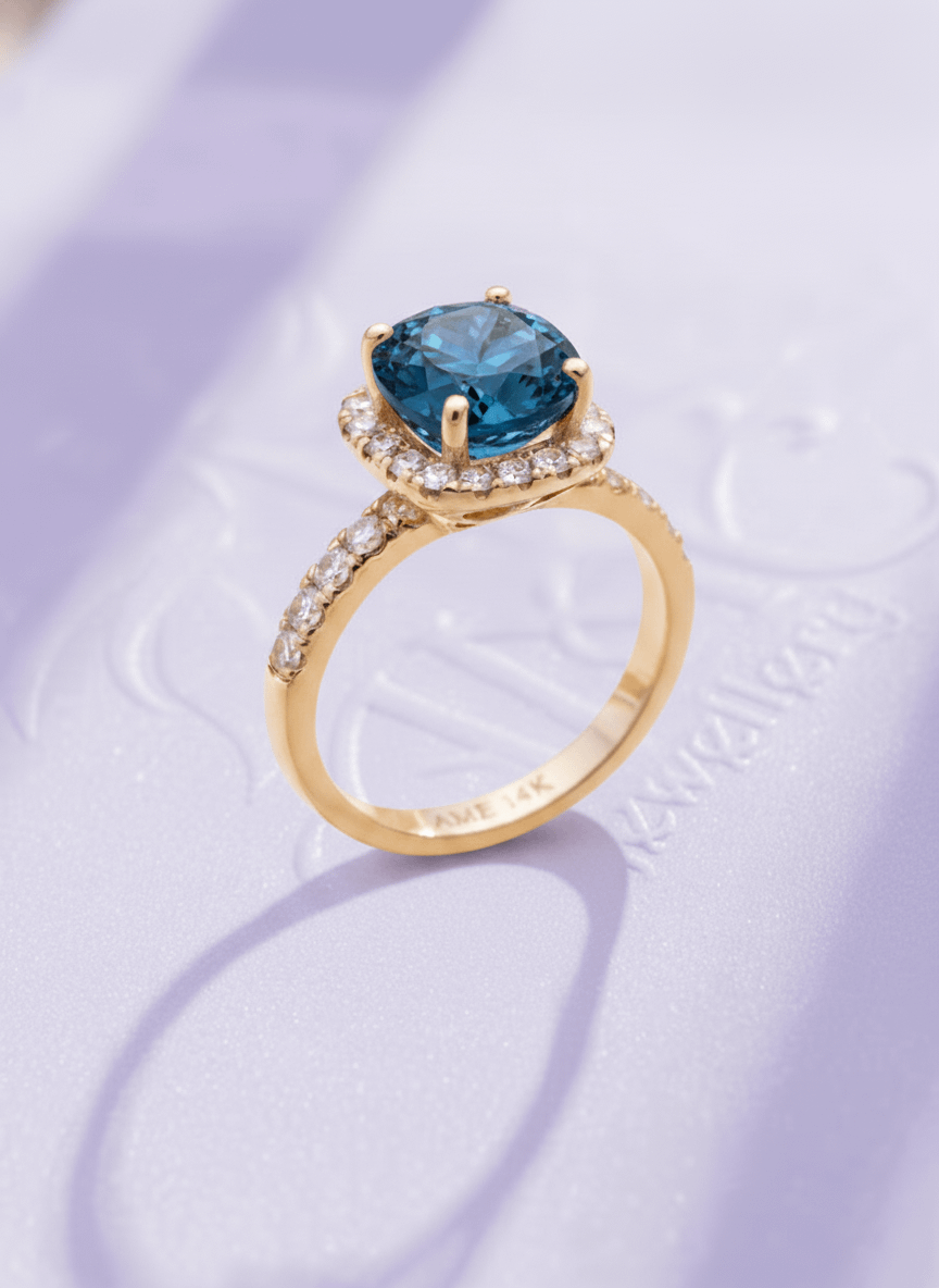Nhẫn Vàng 14K Đá quý thiên nhiên London Blue Topaz halo gold ring - AME Jewellery