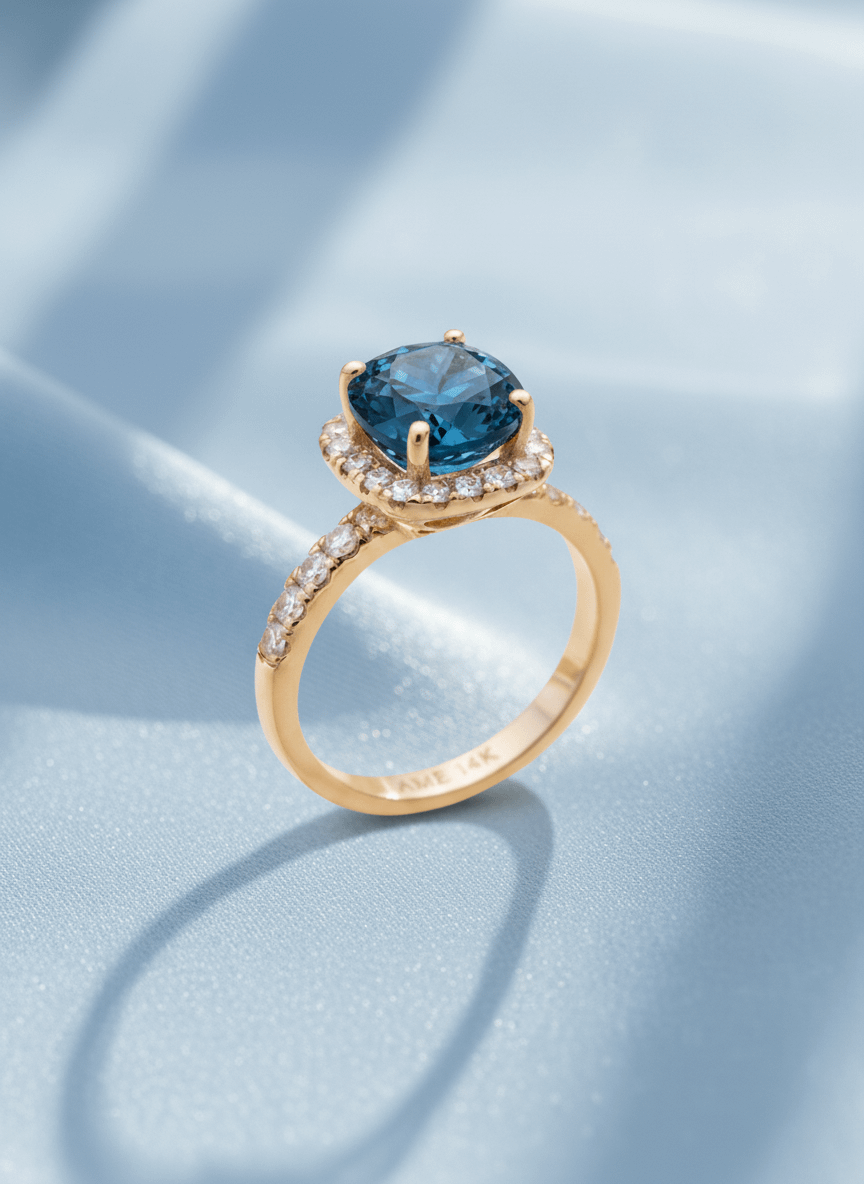 Nhẫn Vàng 14K Đá quý thiên nhiên London Blue Topaz halo gold ring - AME Jewellery