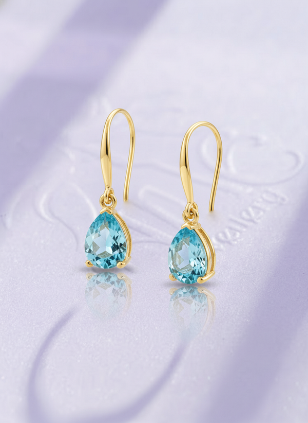 Bông tai móc Vàng Đá quý tự nhiên Pear Blue Topaz Hook Earrings 14K Yellow Gold by AME Jewellery