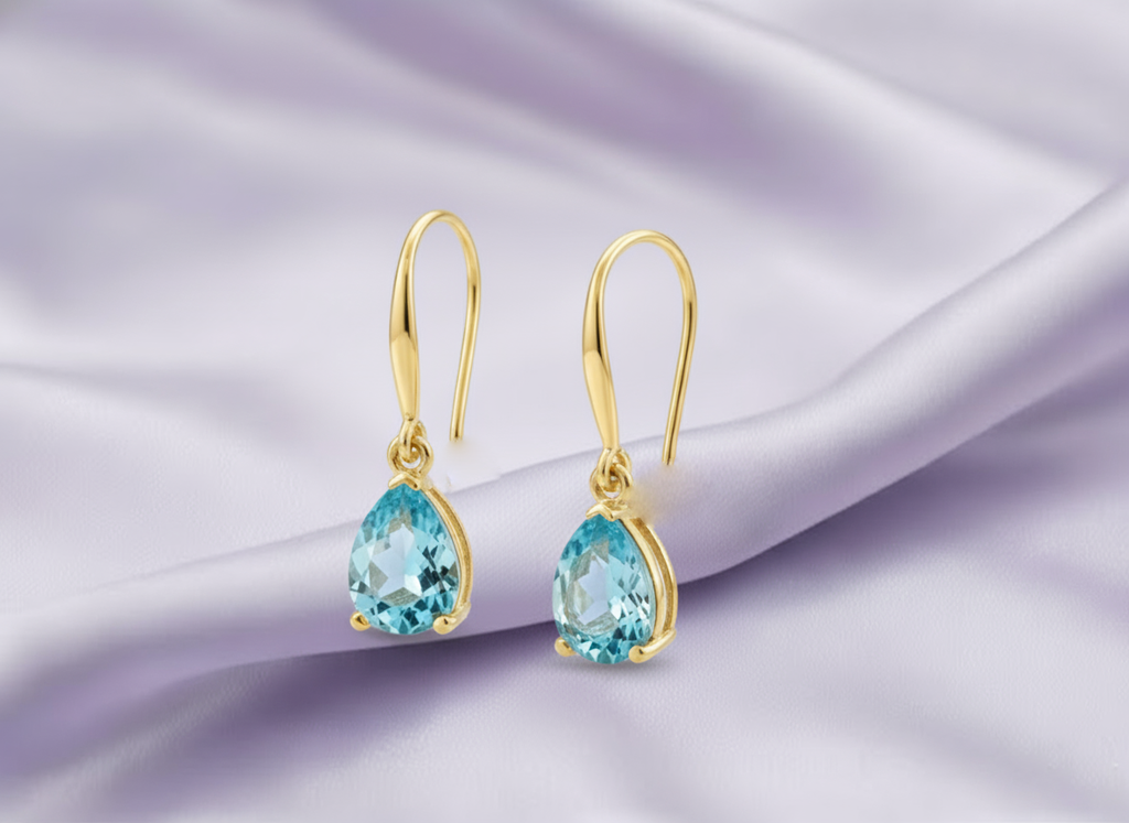 Bông tai móc Vàng Đá quý tự nhiên Pear Blue Topaz Hook Earrings 14K Yellow Gold by AME Jewellery