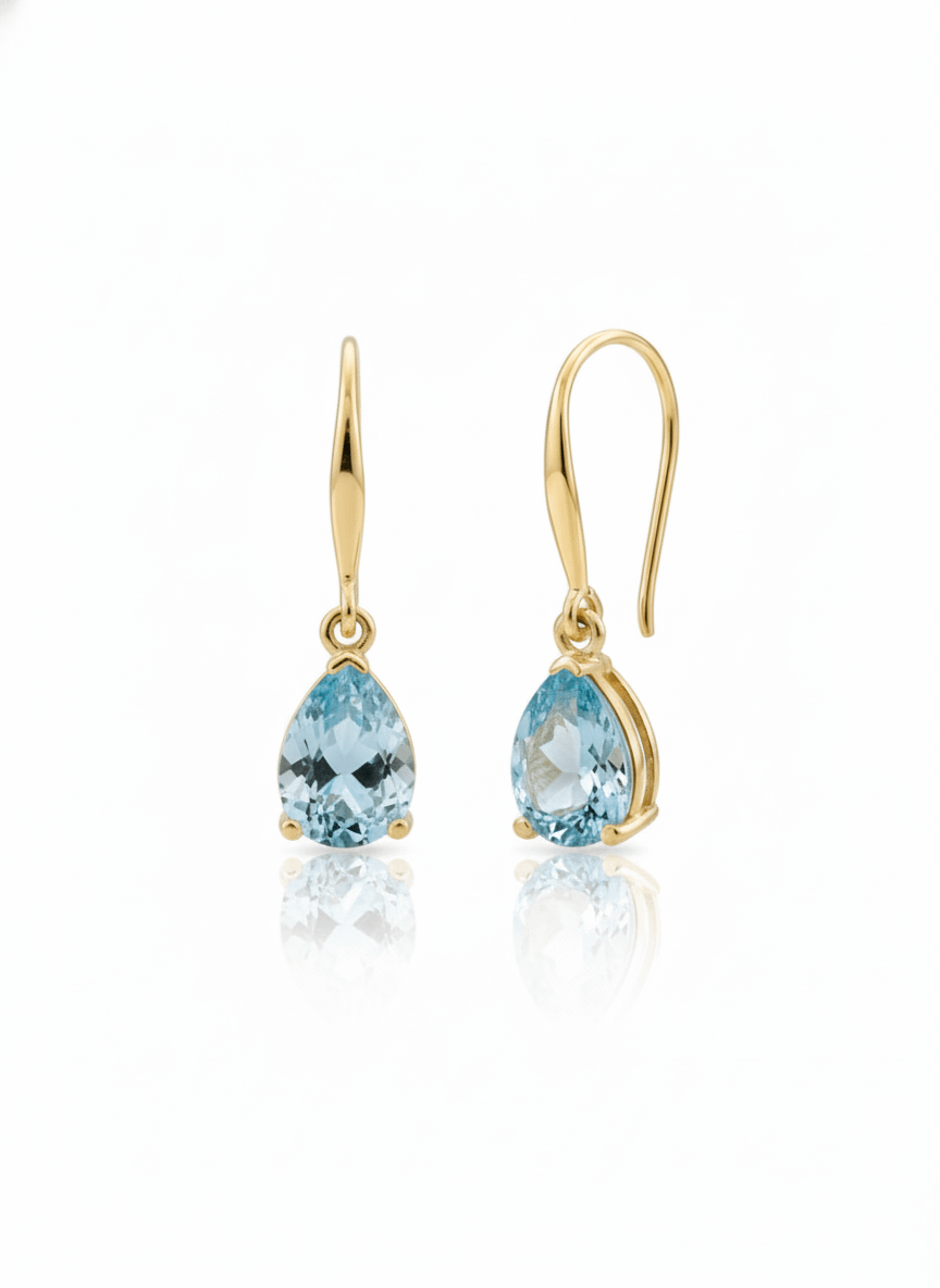 Bông tai móc Vàng Đá quý tự nhiên Pear Blue Topaz Hook Earrings 14K Yellow Gold by AME Jewellery