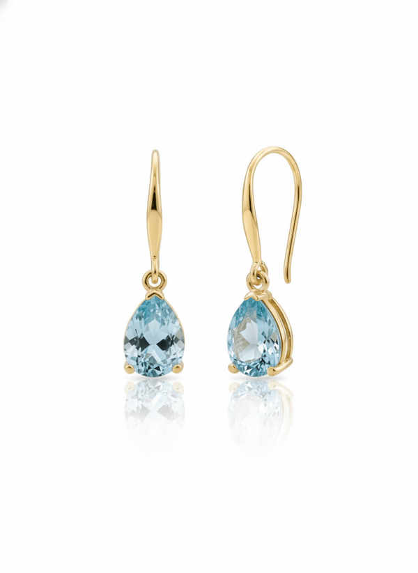 Bông tai móc Vàng Đá quý tự nhiên Pear Blue Topaz Hook Earrings 14K Yellow Gold by AME Jewellery