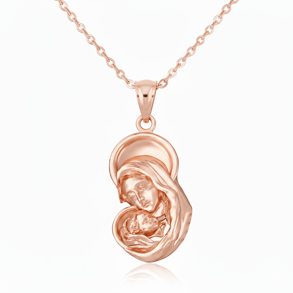 Mặt dây chuyền Vàng hồng Đức Mẹ Virgin Mary with Baby Jesus Pendant Necklace in 14K Roé Gold by AME Jewellery