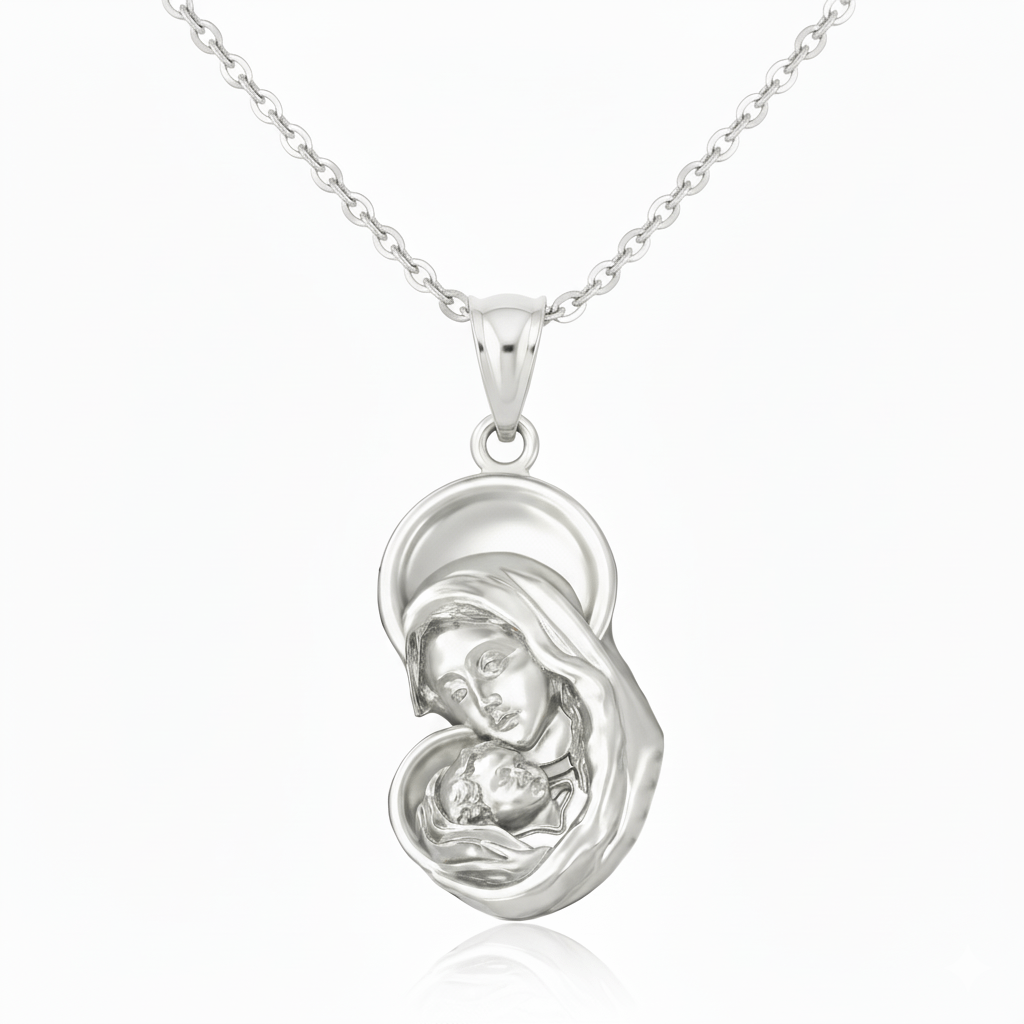 Mặt dây chuyền Vàng trắng Đức Mẹ Virgin Mary with Baby Jesus Pendant Necklace in 14K White Gold by AME Jewellery