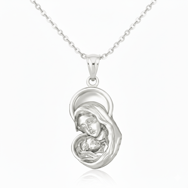 Mặt dây chuyền Vàng trắng Đức Mẹ Virgin Mary with Baby Jesus Pendant Necklace in 14K White Gold by AME Jewellery
