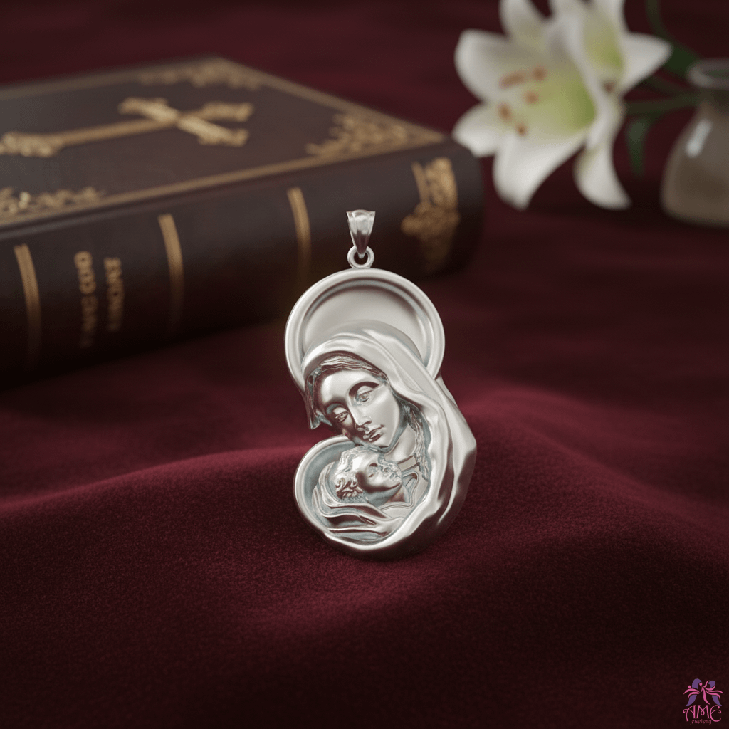 Mặt dây chuyền Vàng trắng Đức Mẹ Virgin Mary with Baby Jesus Pendant Necklace in 14K White Gold by AME Jewellery