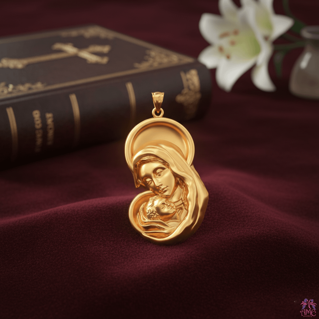 Mặt dây chuyền Vàng Đức Mẹ Virgin Mary with Baby Jesus Pendant Necklace in 14K Yellow Gold by AME Jewellery