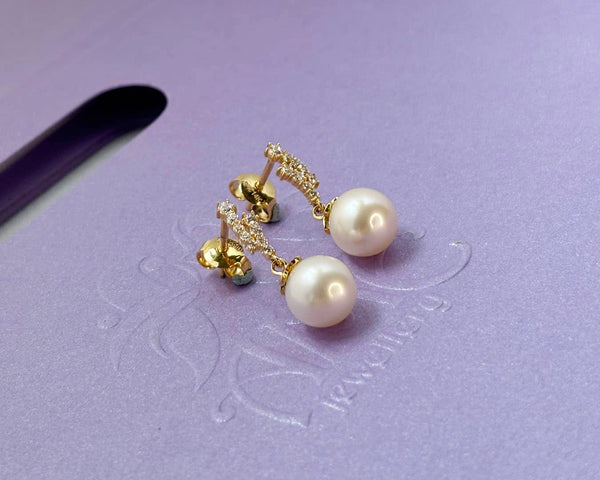 Bông tai Vàng Ngọc trai nuôi nước ngọt trắng | White Freshwater Cultured Pearl Drop Earrings in 14K Yellow Gold by AME Jewellery