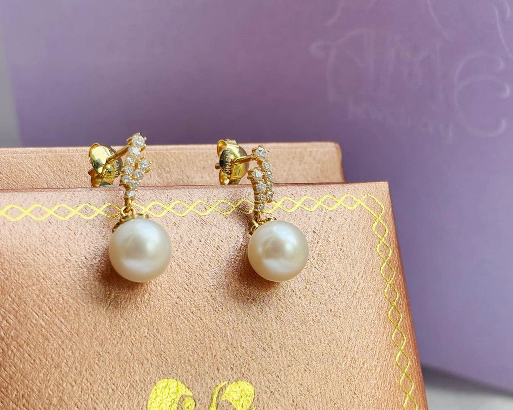 Bông tai Vàng Ngọc trai nuôi nước ngọt trắng | White Freshwater Cultured Pearl Drop Earrings in 14K Yellow Gold by AME Jewellery