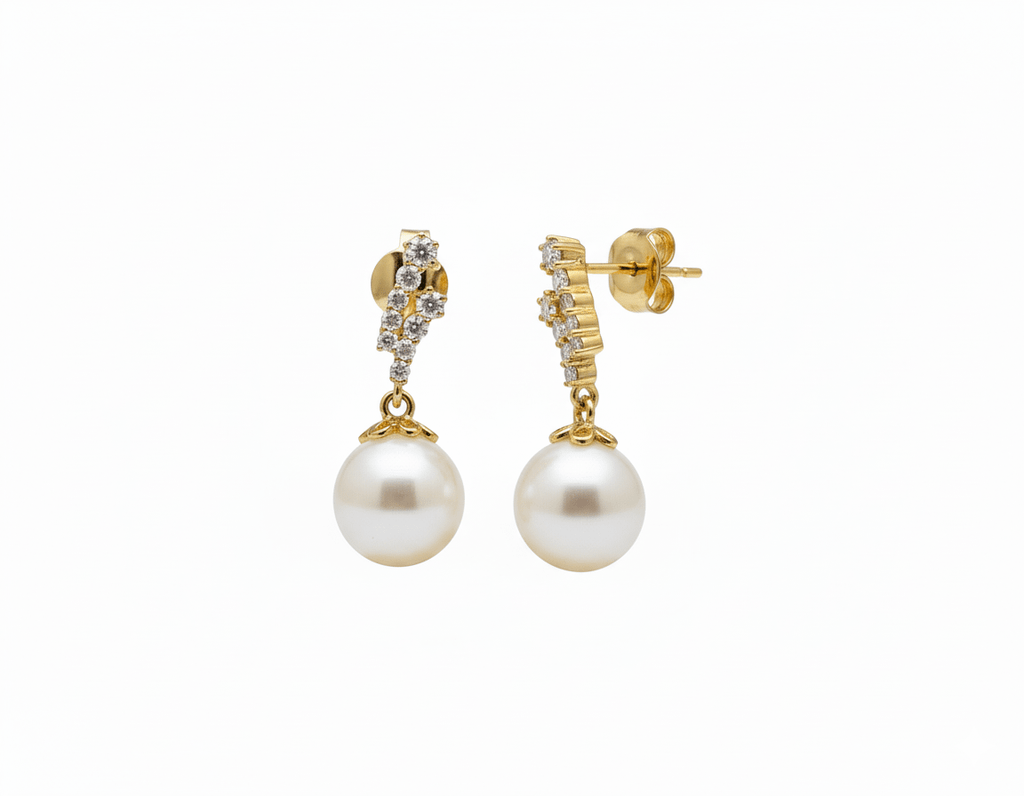 Bông tai Vàng Ngọc trai nuôi nước ngọt trắng | White Freshwater Cultured Pearl Drop Earrings in 14K Yellow Gold by AME Jewellery