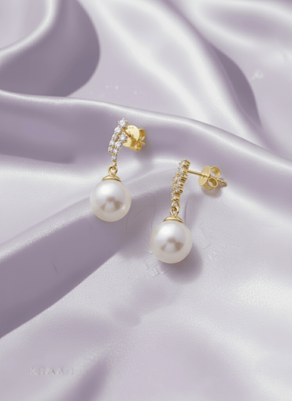 Bông tai Vàng Ngọc trai nuôi nước ngọt trắng | White Freshwater Cultured Pearl Drop Earrings in 14K Yellow Gold by AME Jewellery