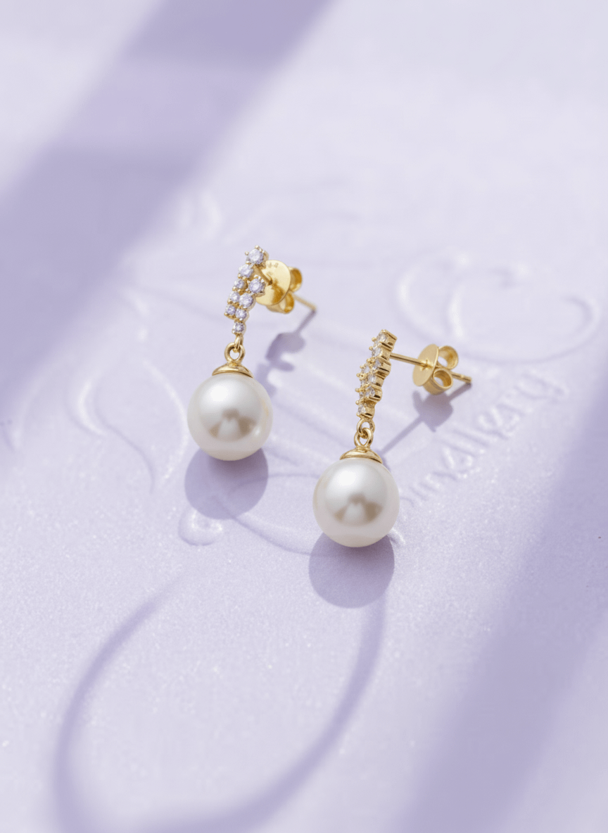 Bông tai Vàng Ngọc trai nuôi nước ngọt trắng | White Freshwater Cultured Pearl Drop Earrings in 14K Yellow Gold by AME Jewellery