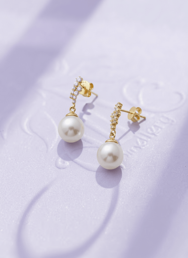 Bông tai Vàng Ngọc trai nuôi nước ngọt trắng | White Freshwater Cultured Pearl Drop Earrings in 14K Yellow Gold by AME Jewellery