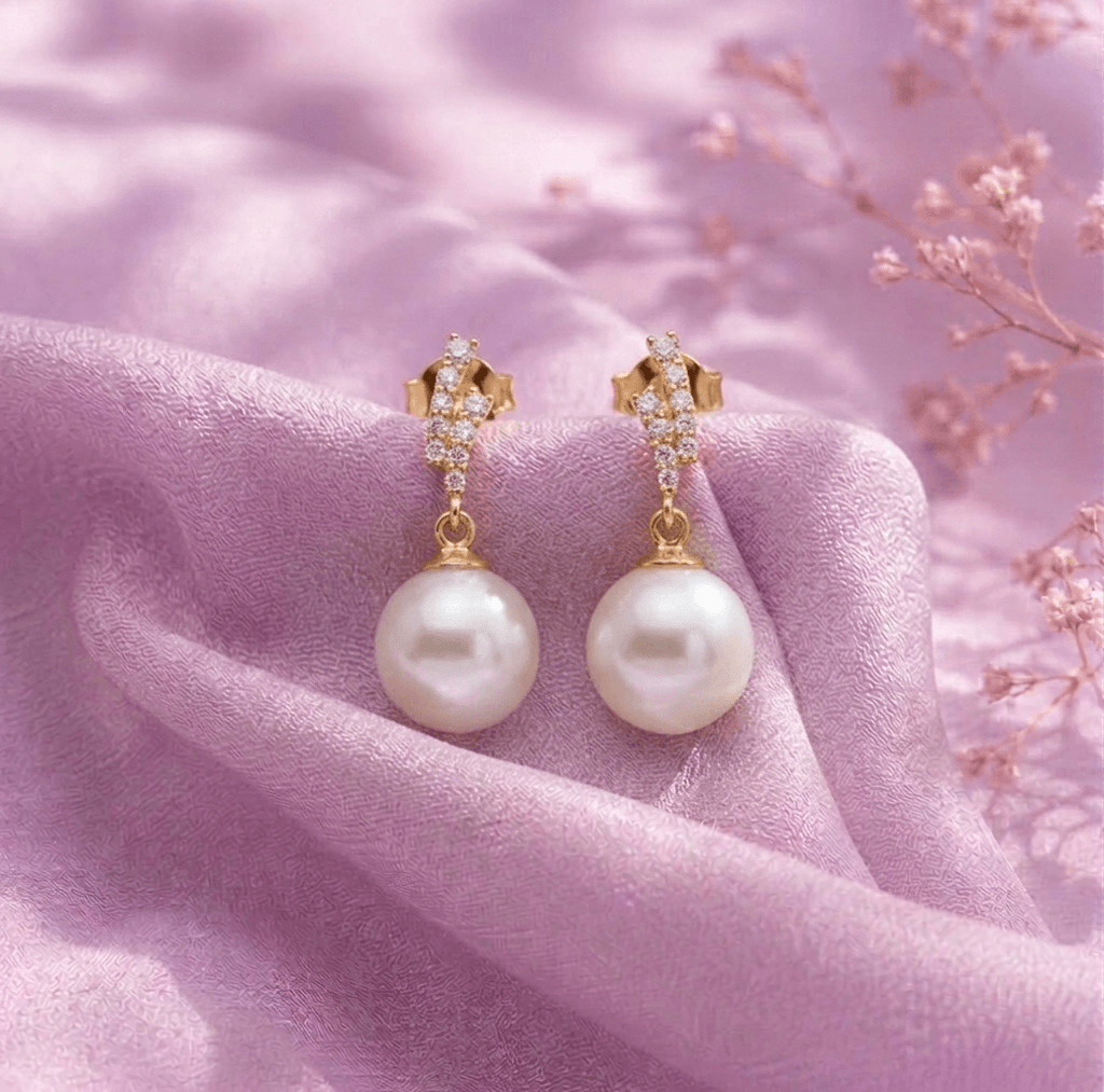 White Freshwater Cultured Pearl Drop Earrings in 14-karat Yellow Gold by AME Jewellery