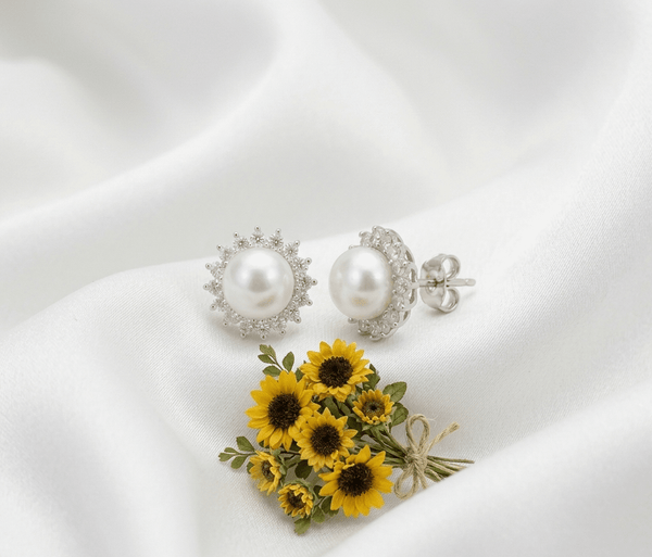 White Freshwater Pearl Sunflower Earrings in Sterling Silver - AME Jewellery