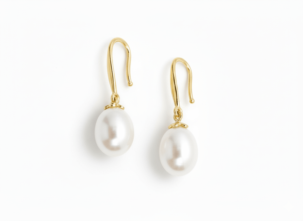 Bông tai Vàng Ngọc trai Teardrop White Freshwater Pearl Hook Gold Earrings by AME Jewellery